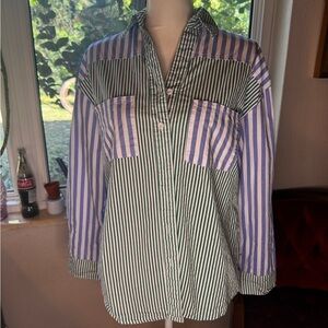 Striped Green and Blue Button-Up and Shorts Set